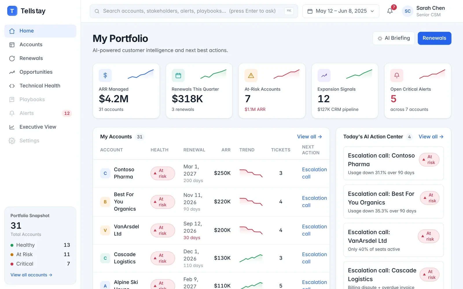 Tellstay portfolio dashboard showing account health, renewals and an AI action centre, populated with fictional demo accounts.